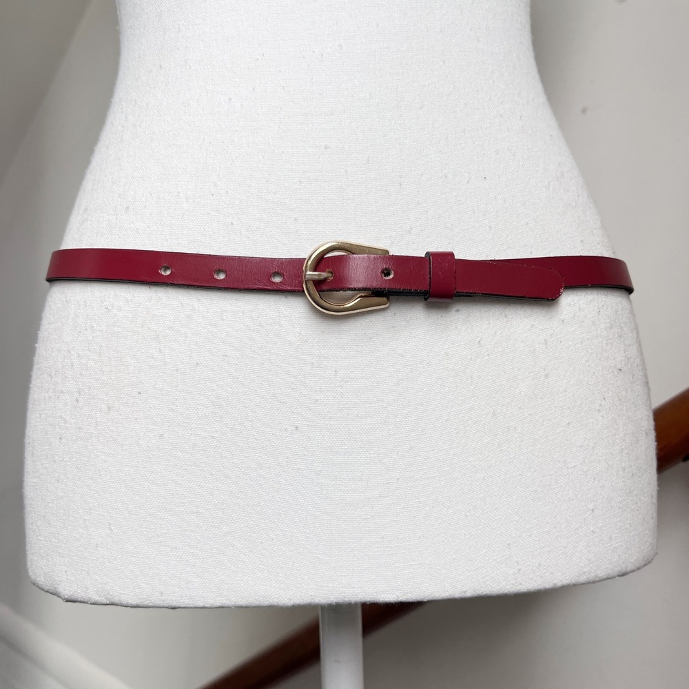 Vintage 90s Skinny Belt Small Burgundy Red Leather Gold Buckle Minimalist Chic